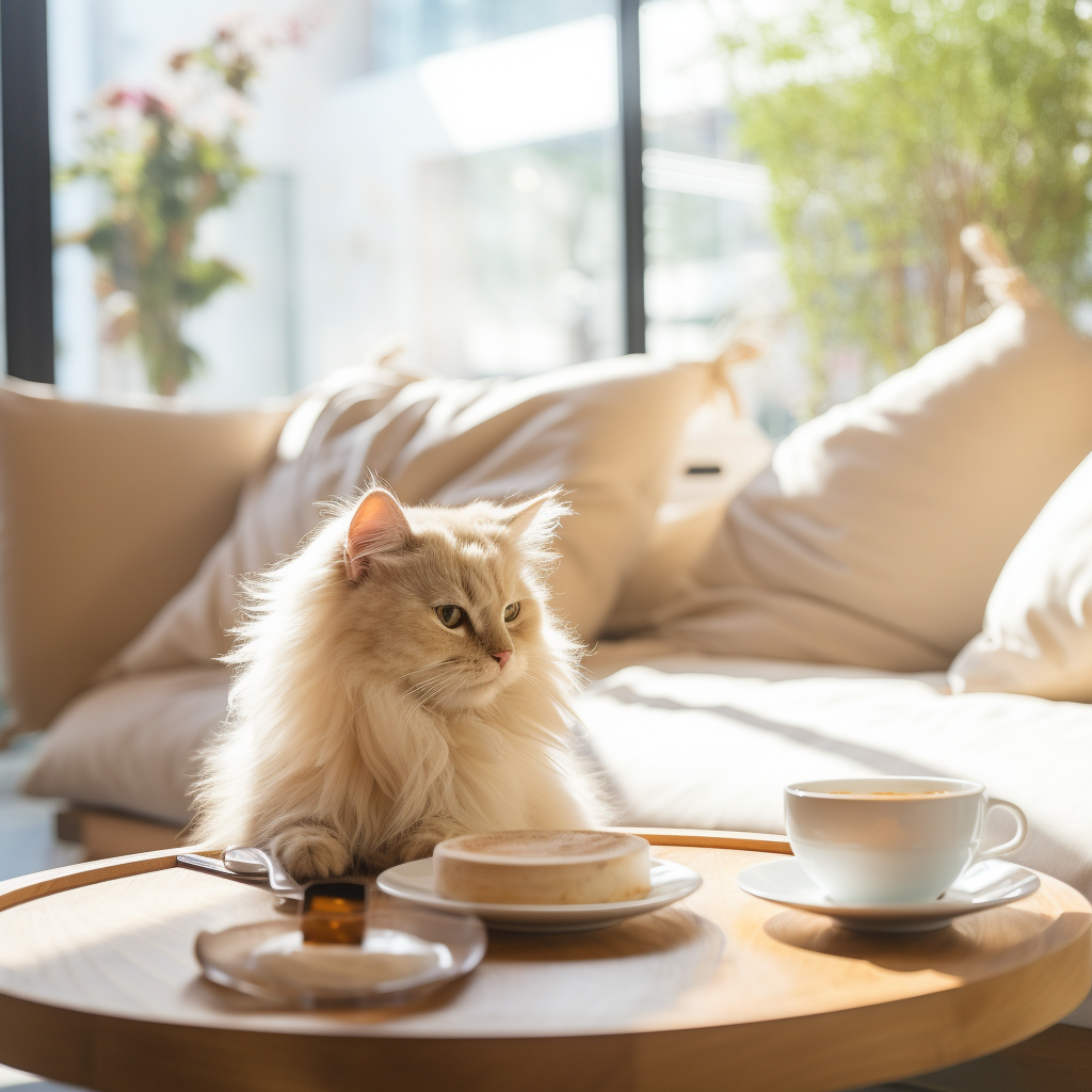 Sophisticated casual cat cafe with relaxed vibe