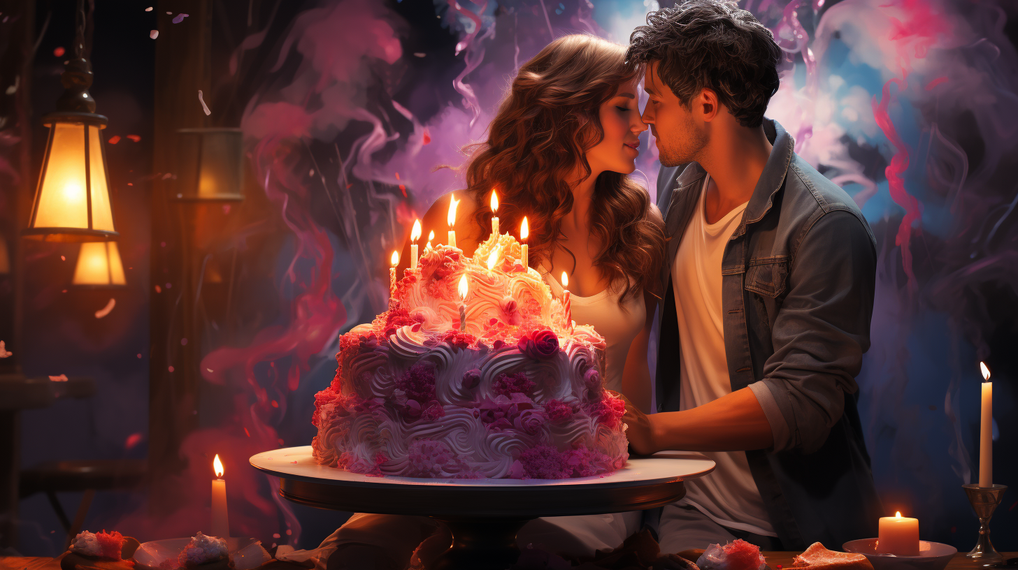 Dreamy Romantic Composition with Cake, Love, and Clouds