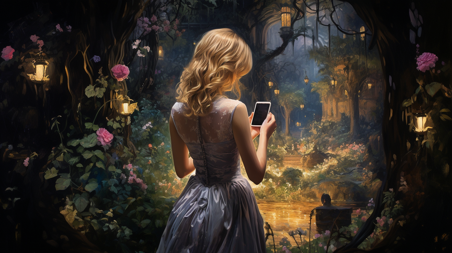 Women holding phone in dreamy scenery