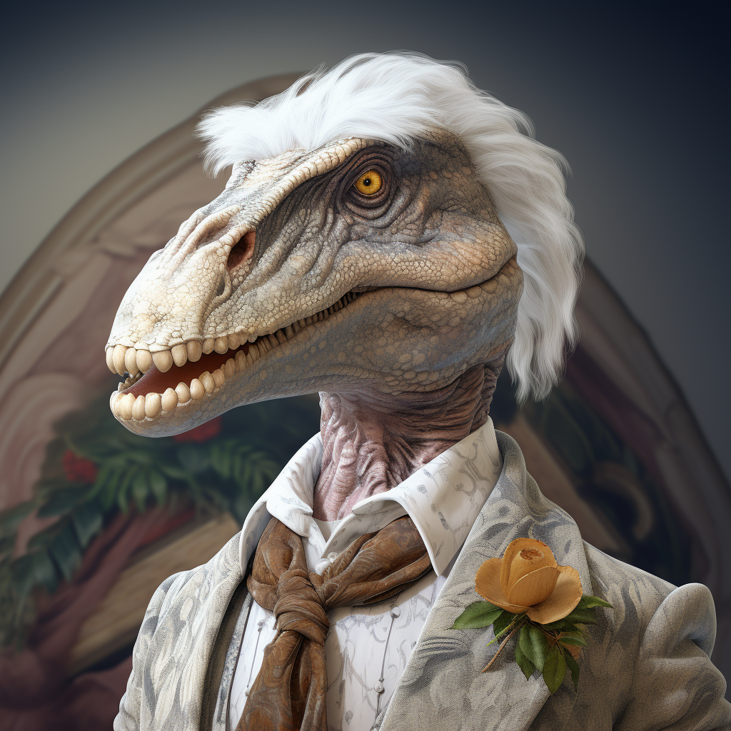 Elegantly dressed dinosaur with a mustache