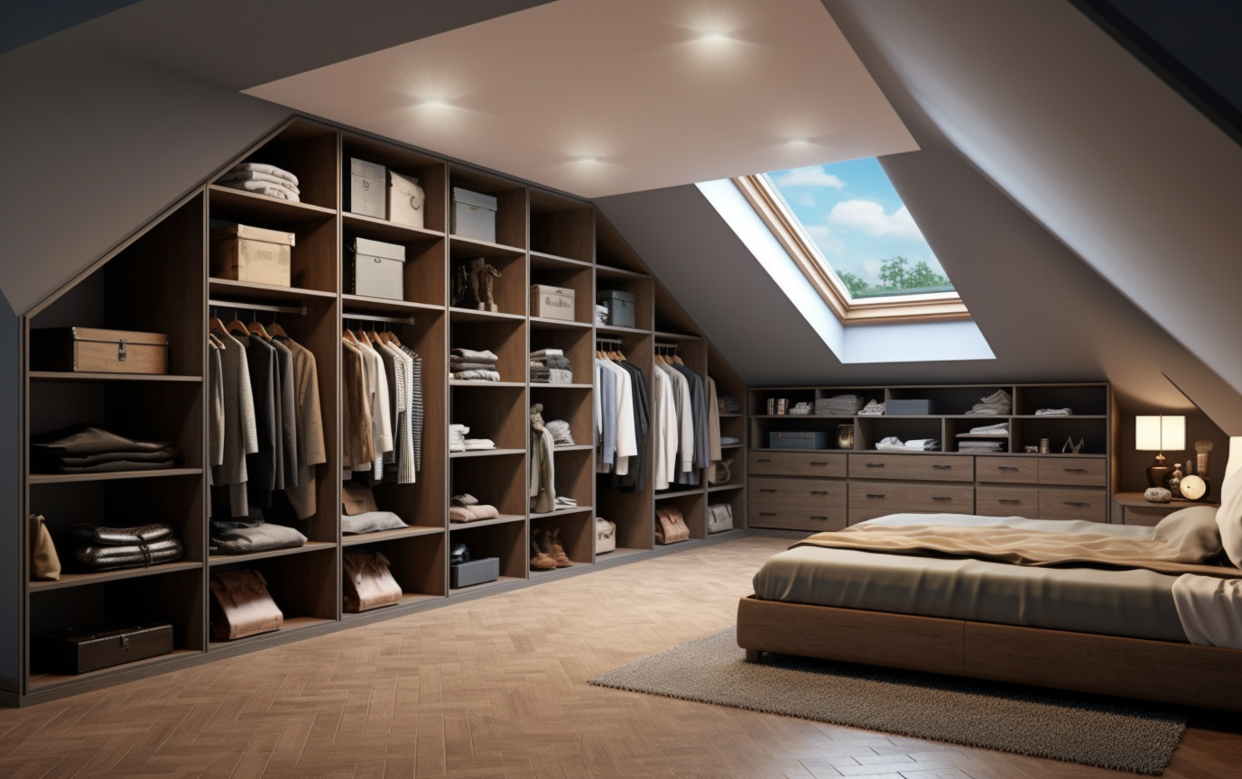 Attic turned walk-in closet with low hanging rods and drawers