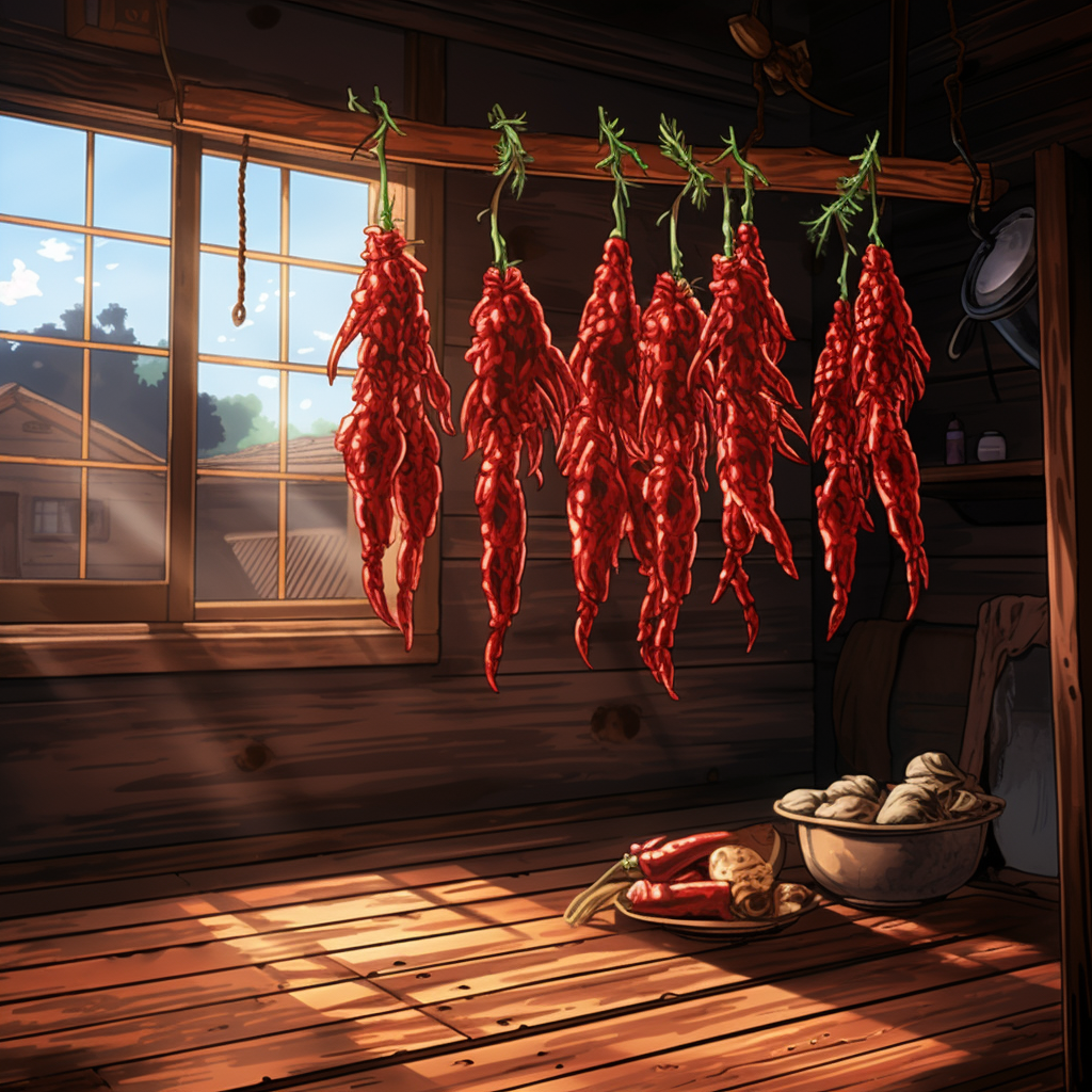 String of dried red chilies and garlic on wooden wall