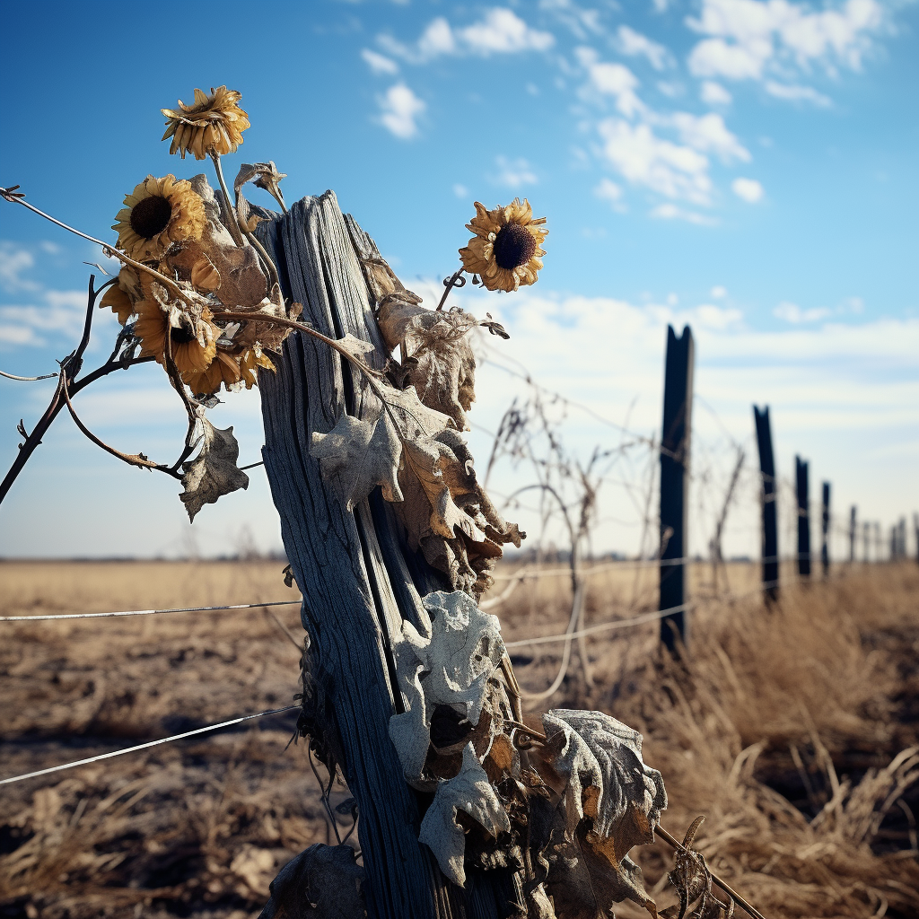 Withered flowers on dry soil with fence in background