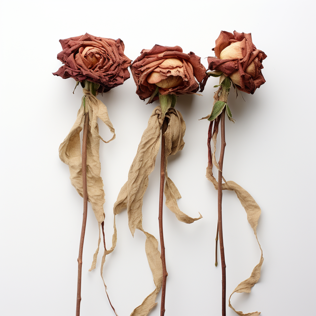 Three dried roses tied with twine