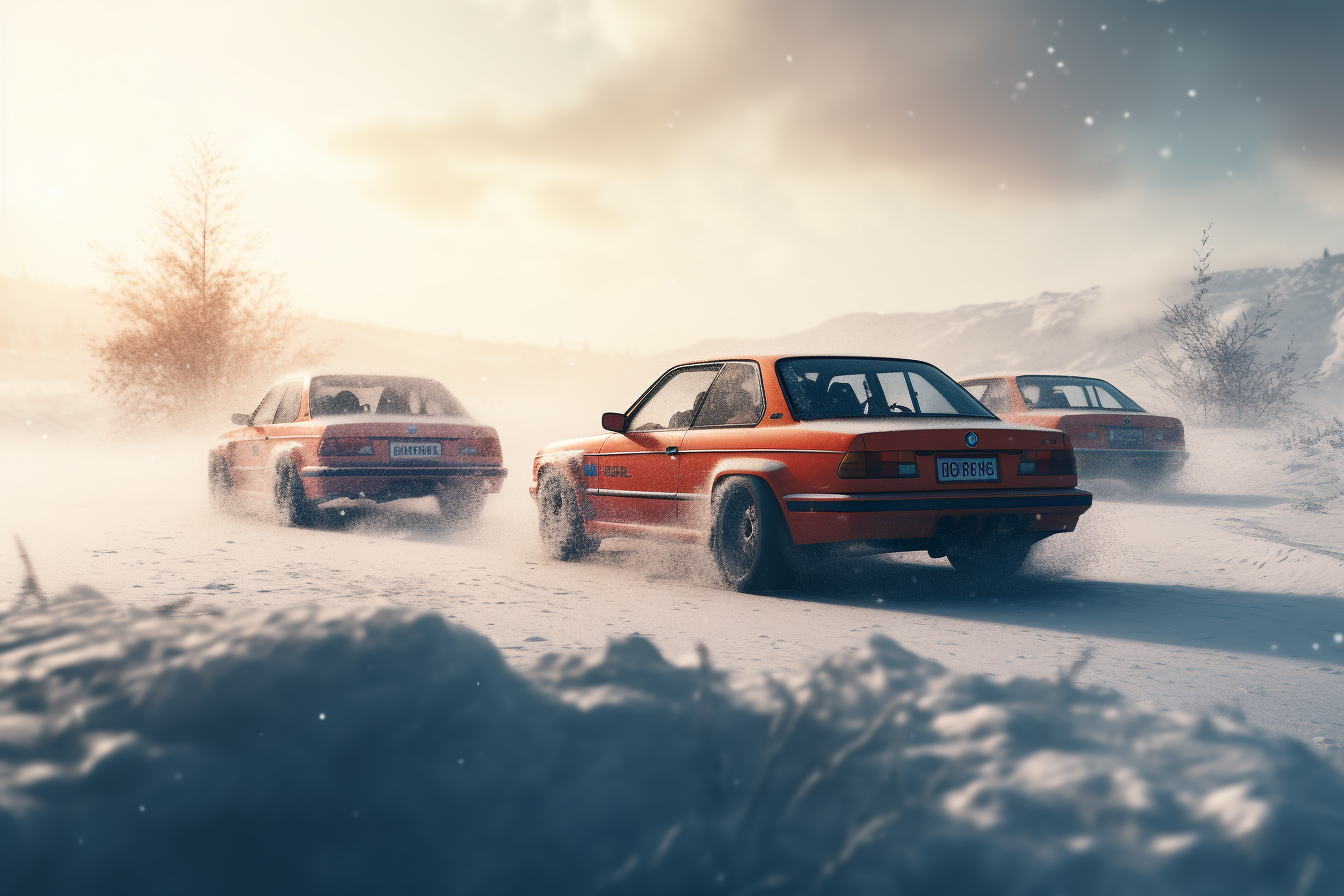 Drift cars maneuvering through snowy terrain