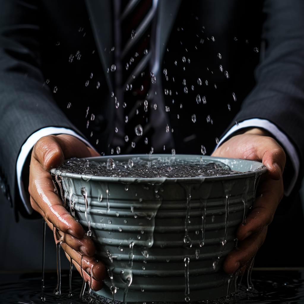 Hand holding a dripping water bucket