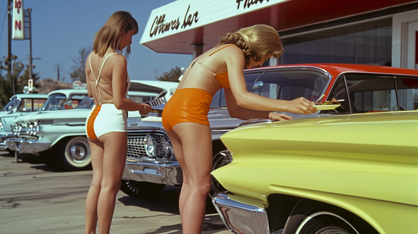 Car hop waitresses serving food at a 1960s drive-in restaurant