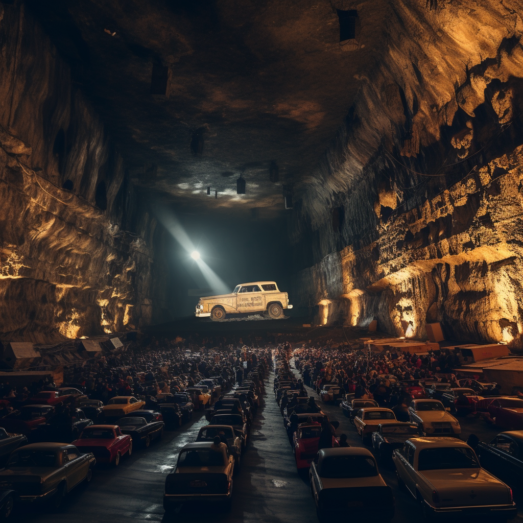 Drive-In Theater with Rusted Cars and Movie Screens