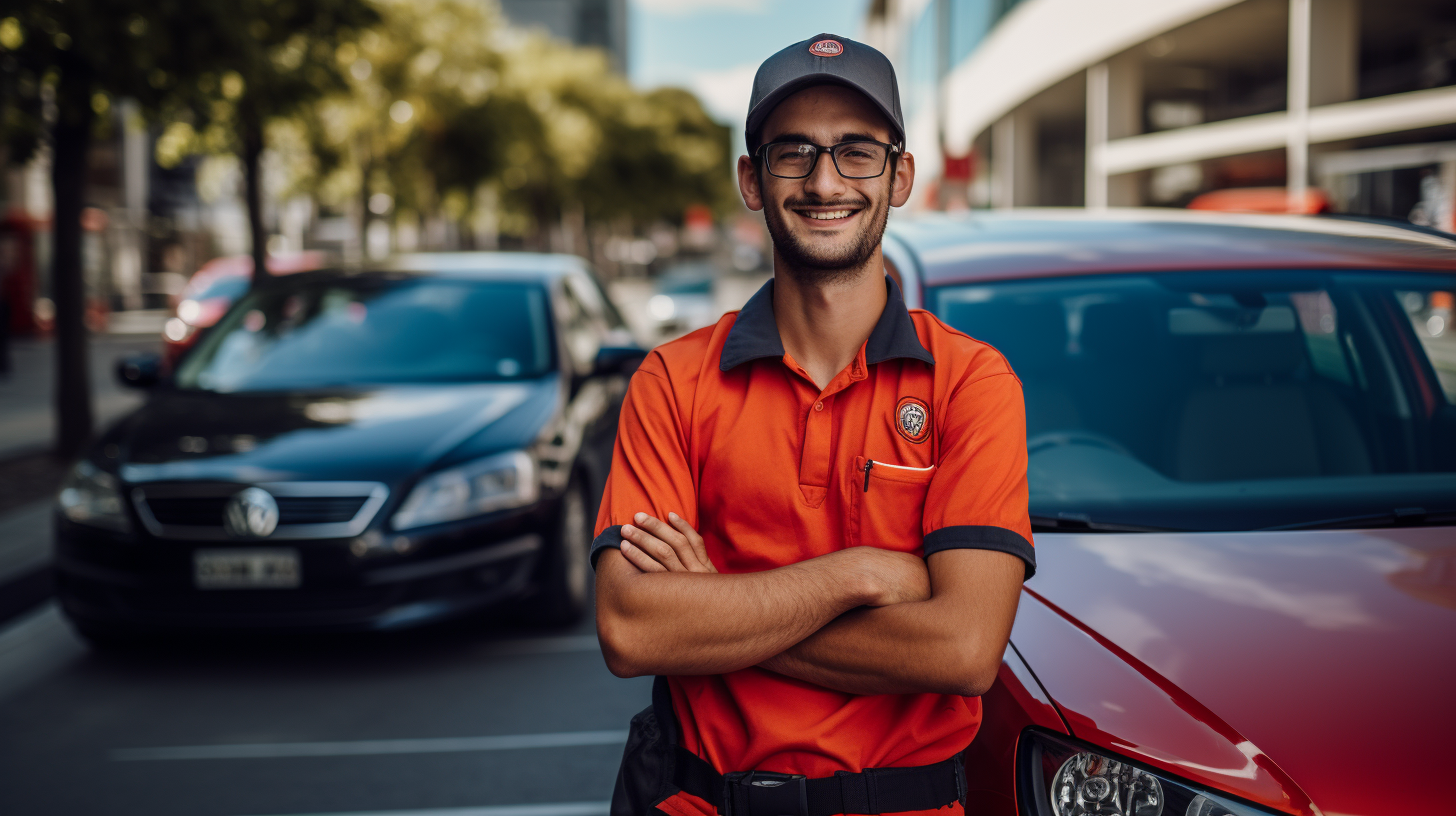 smiling driving instructor with car