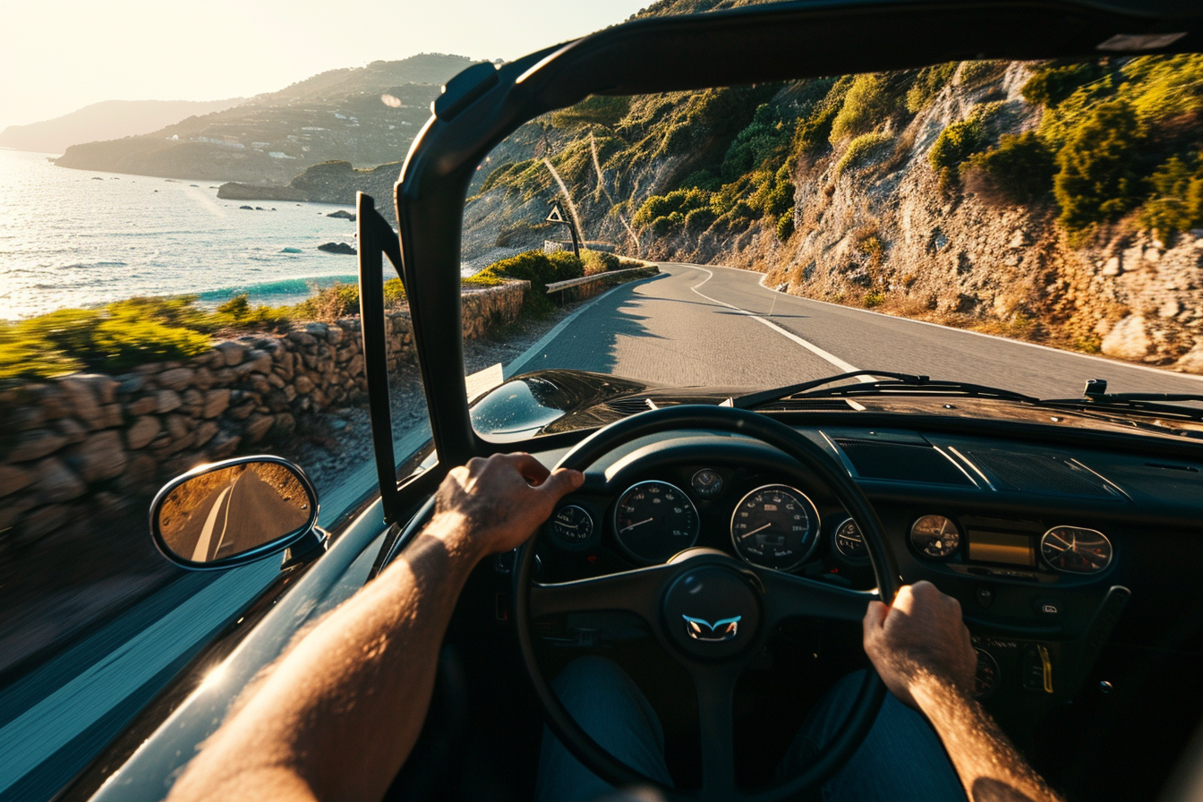 Man driving Mazda Miata on coastal road in Corsica