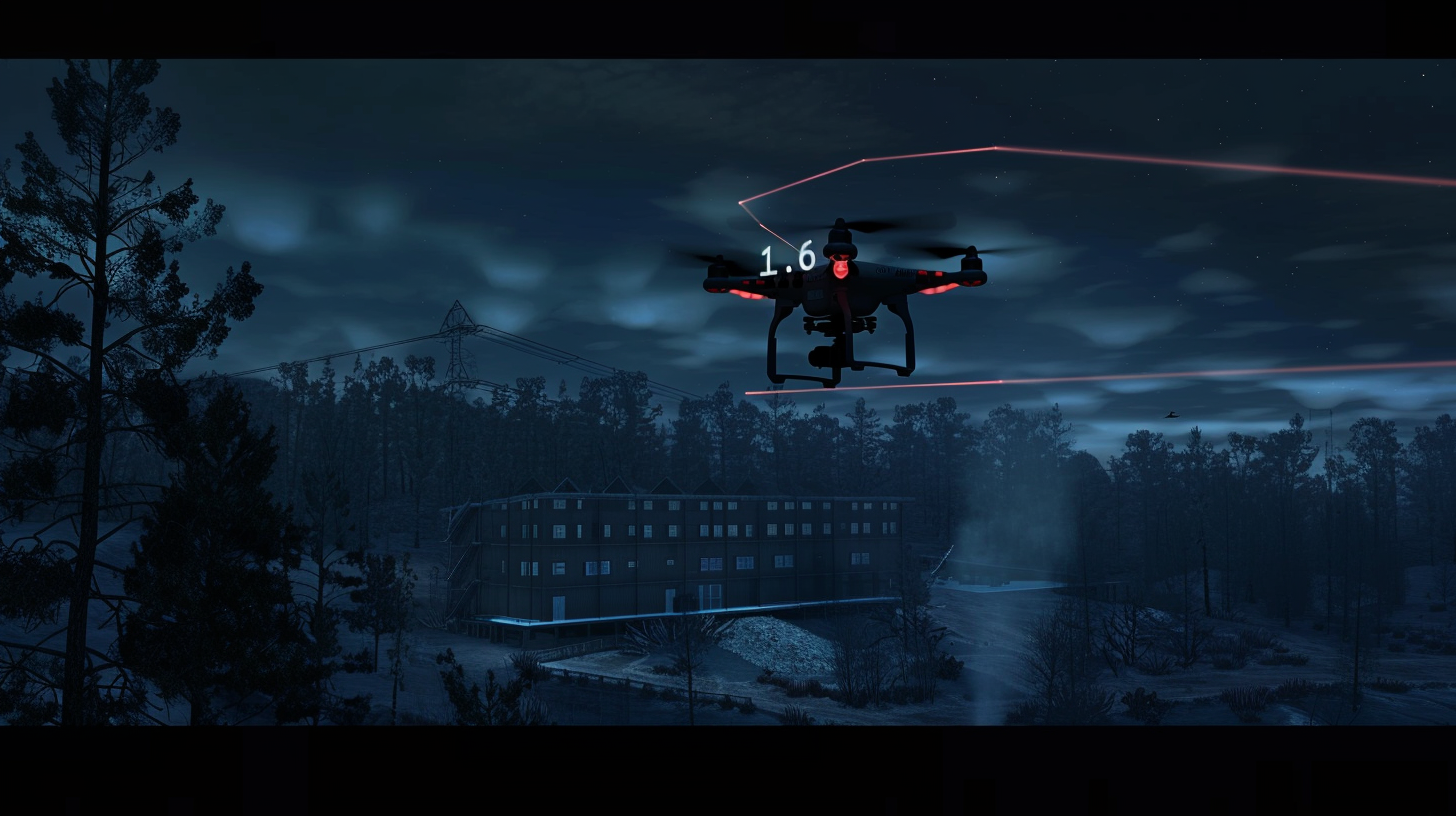 Drone scanning government facility at night