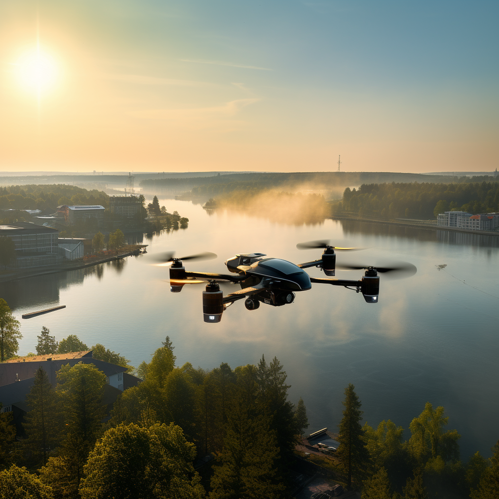 Aerial View of Drone Flying over Lake and City