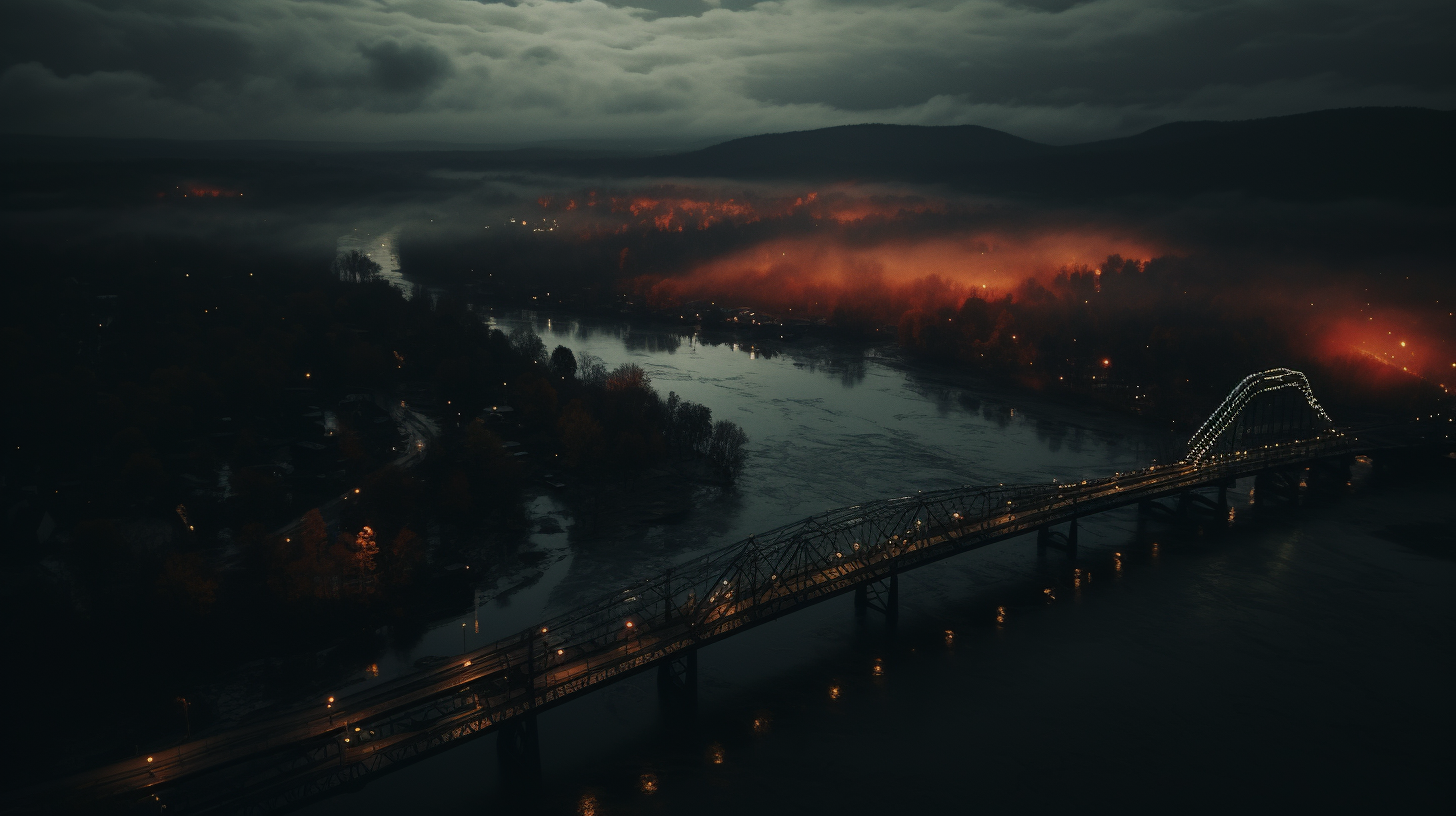 Aerial view of river and bridge during day and night