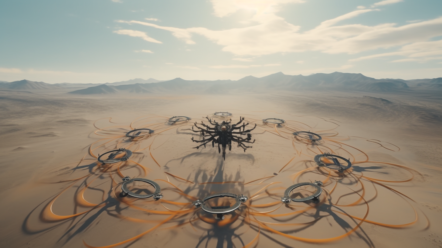 Drones and artist creating artwork in 2040