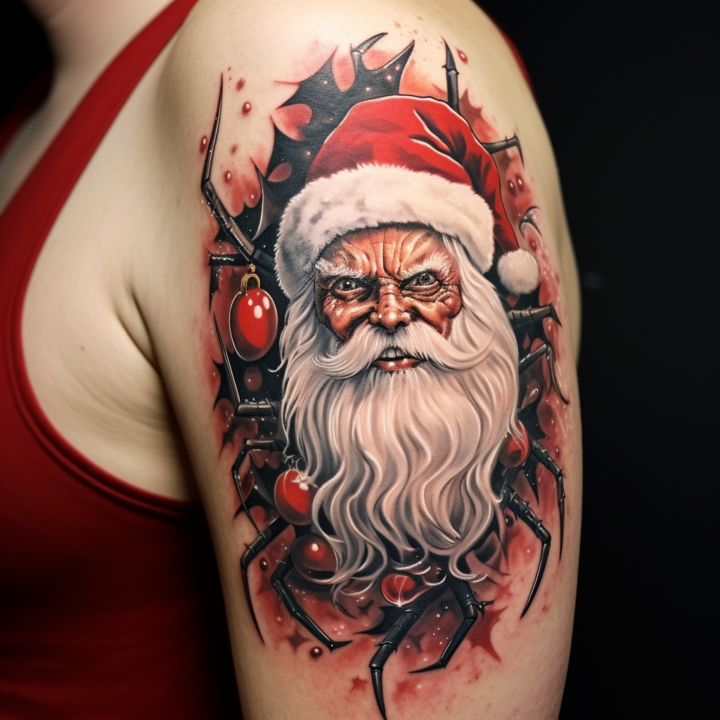 Santa with spider tattoos enjoying a midjourney