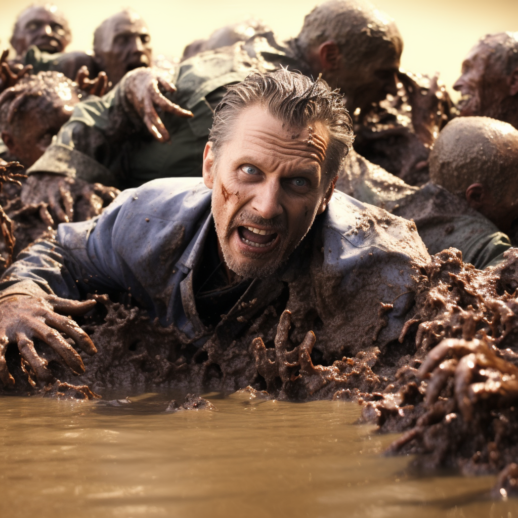 Man fighting off zombies in quicksand