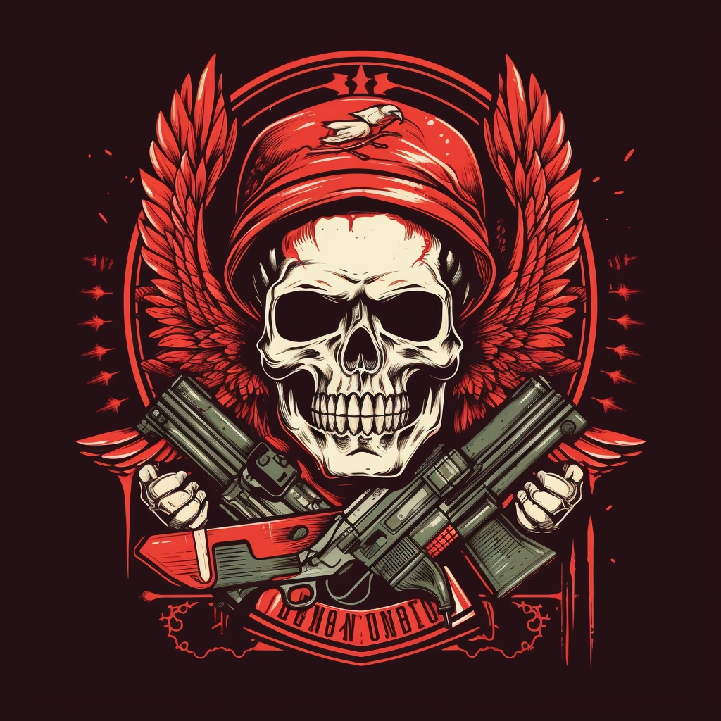 Intimidating drug cartel logo with skull, hawk, and AK-47s