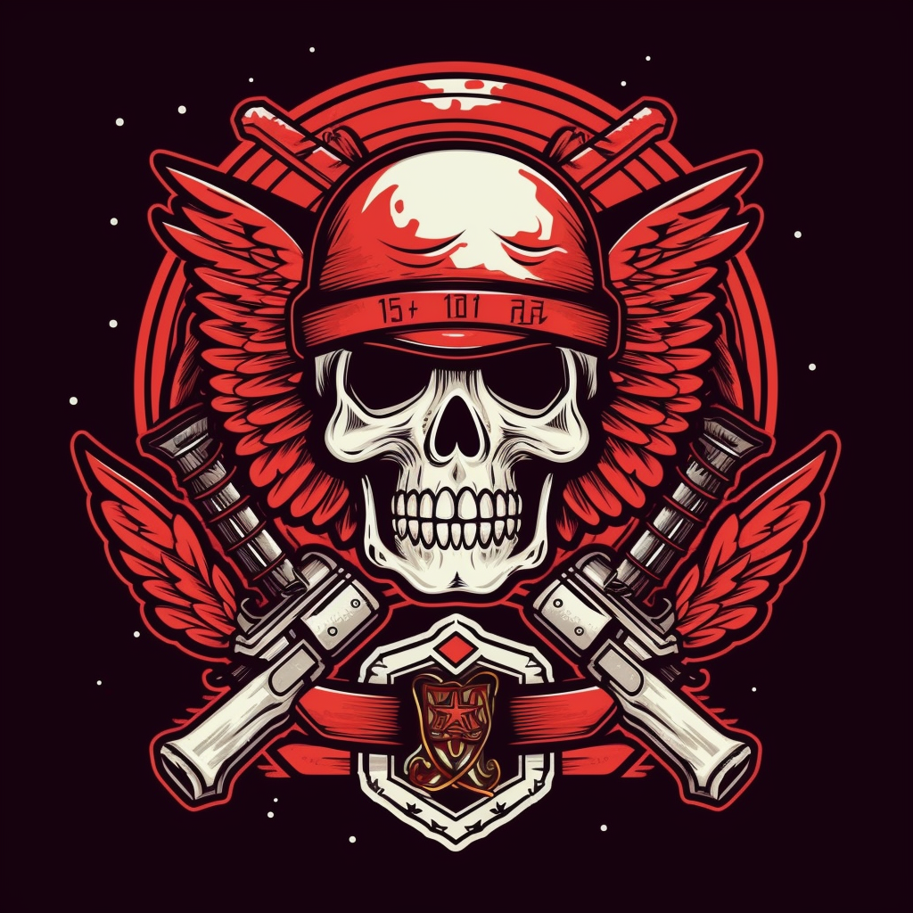 Red and black drug cartel logo with skull, hawk, and AK-47s