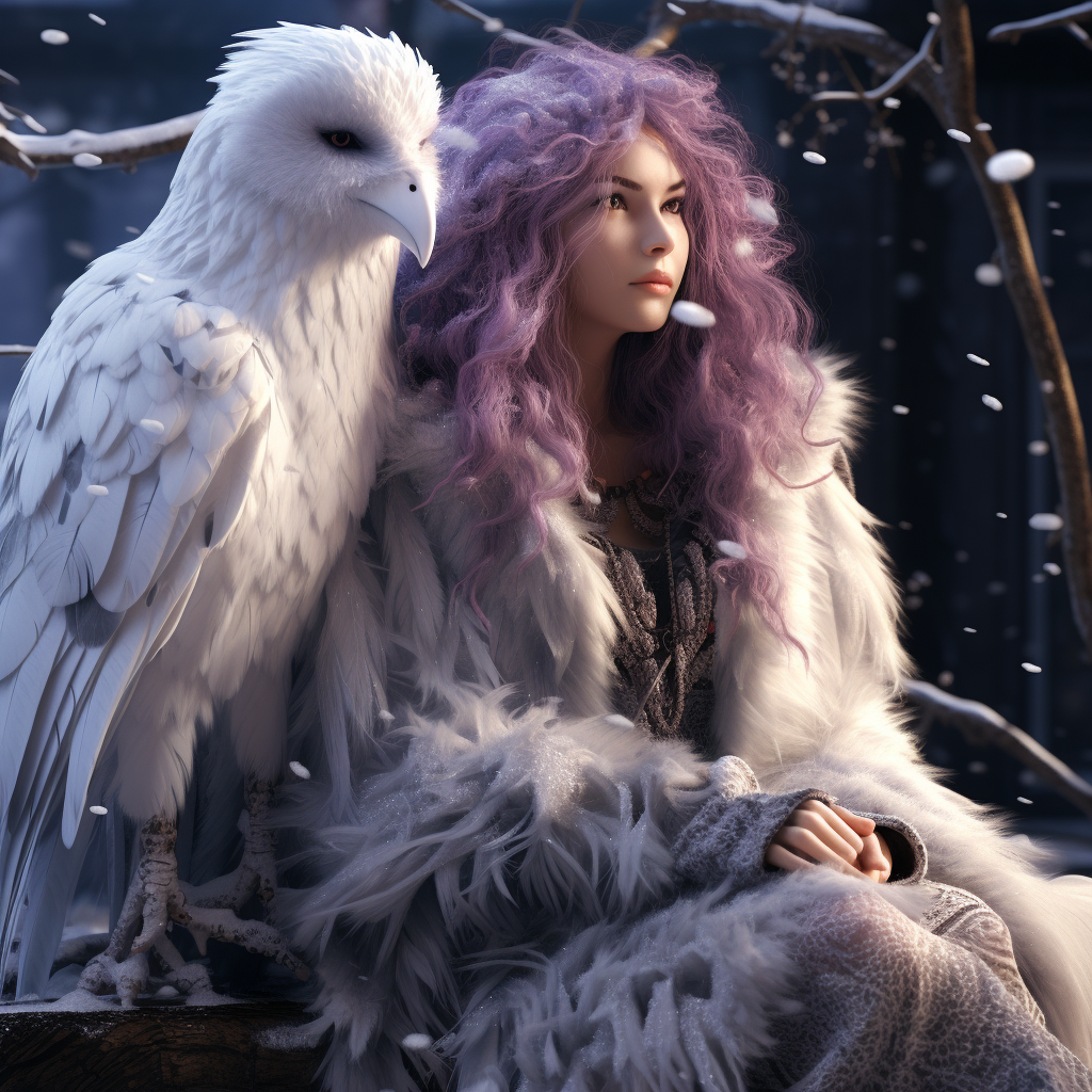 Small Druid Fairy with Owl in Snow