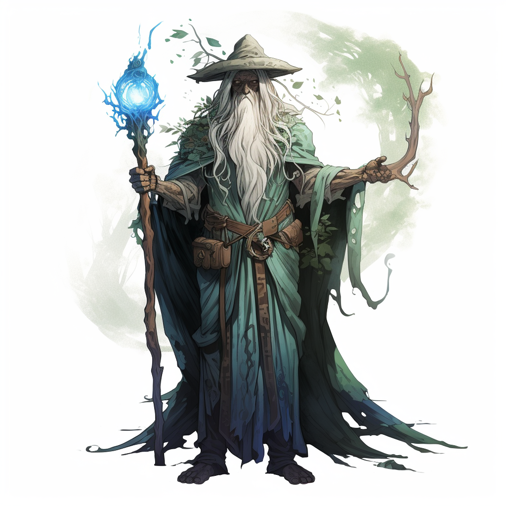 druid holding wooden staff with gem