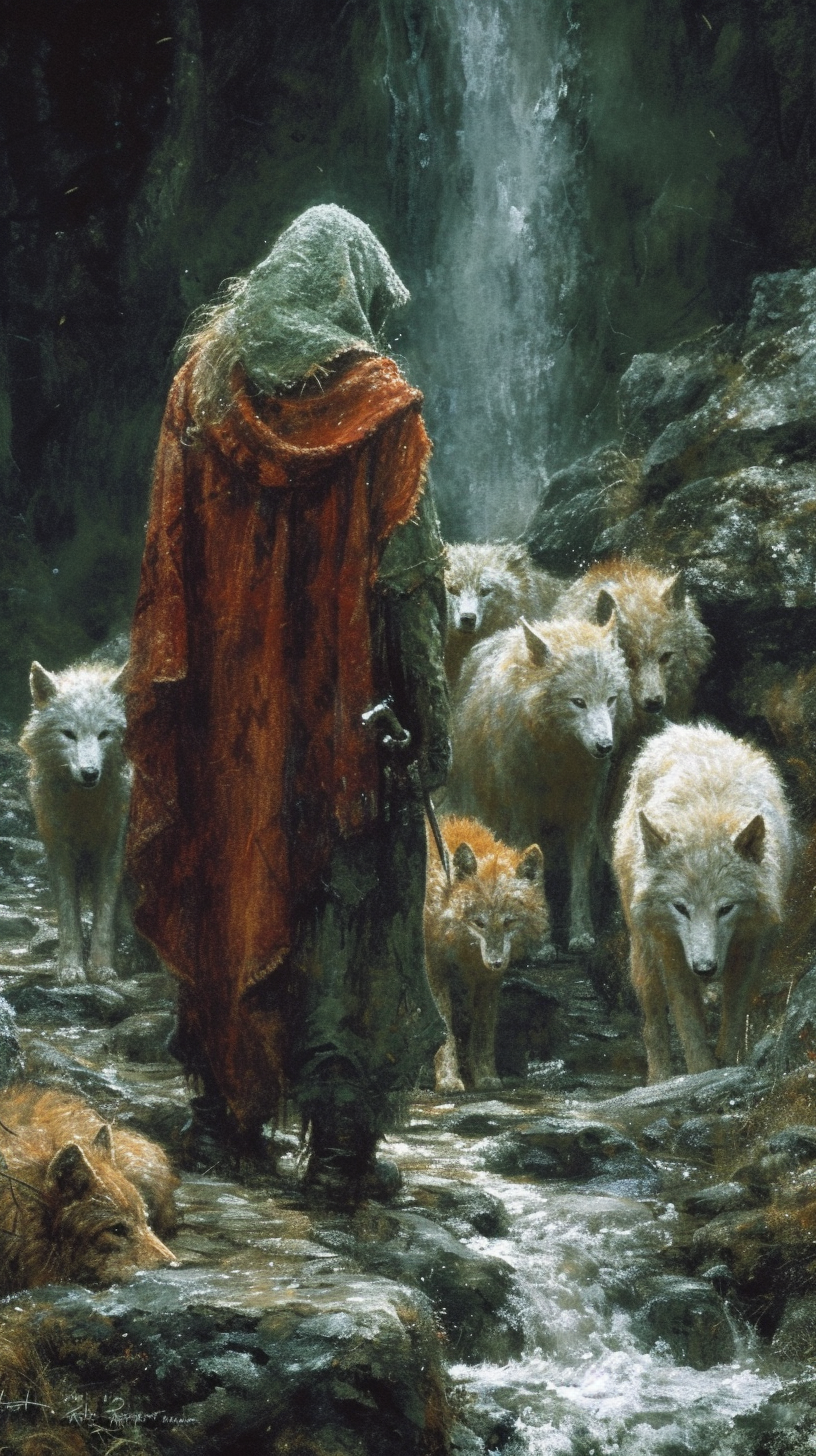 Illustration of Druid Calling Out with Animals Gathering