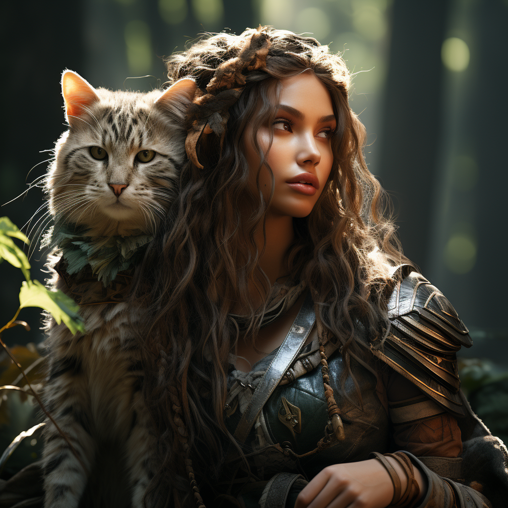 Druid Elf Woman with Cat in Forest