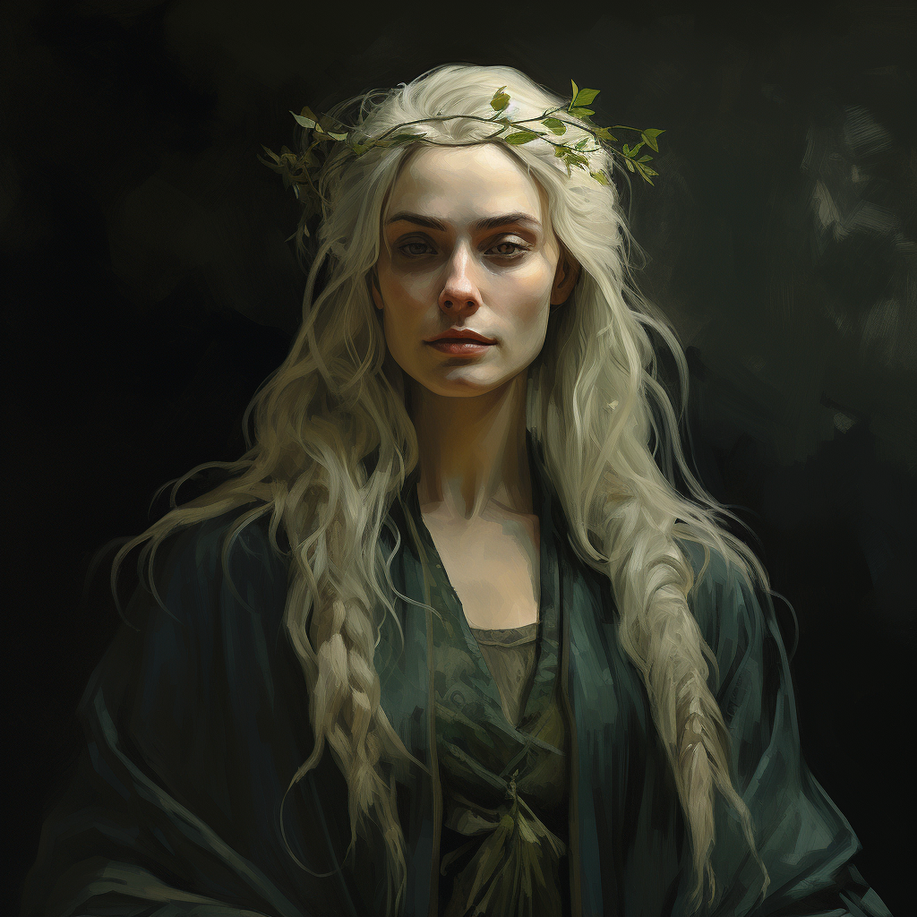 Portrait of Enchanting Druidess with White Tranced Hair