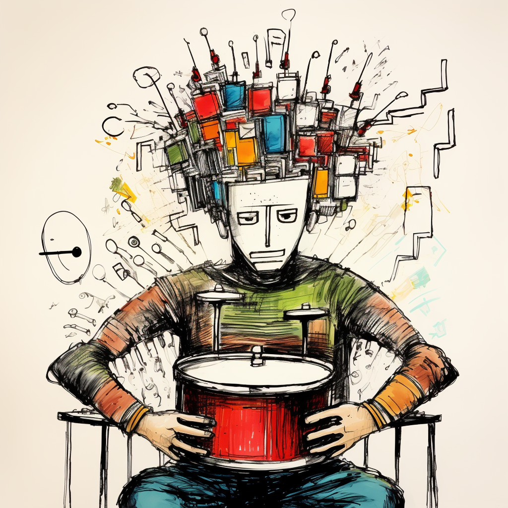 Unique character playing a drum set