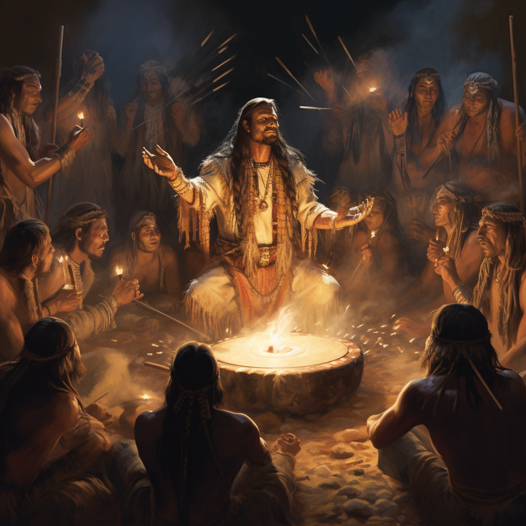 Illustration of Holloway engaged in drumming ritual