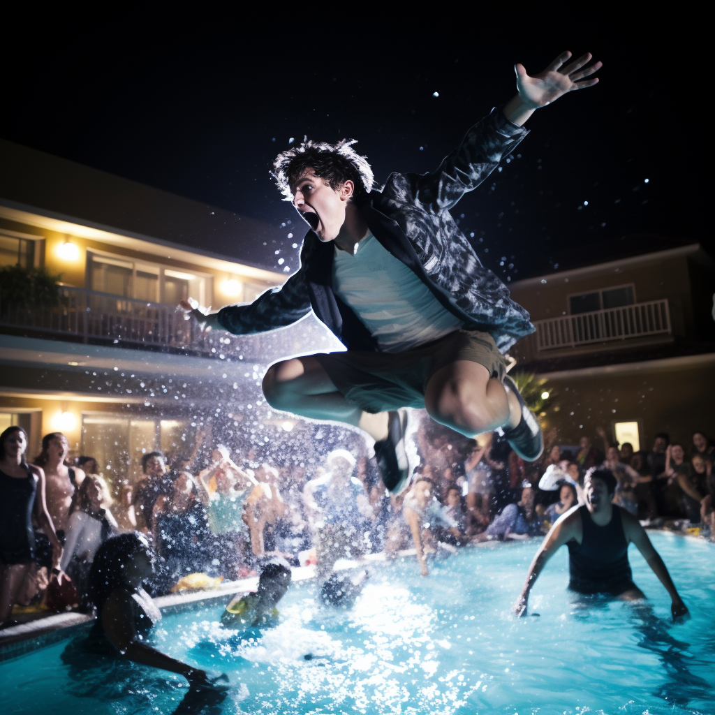 College student jumping into pool