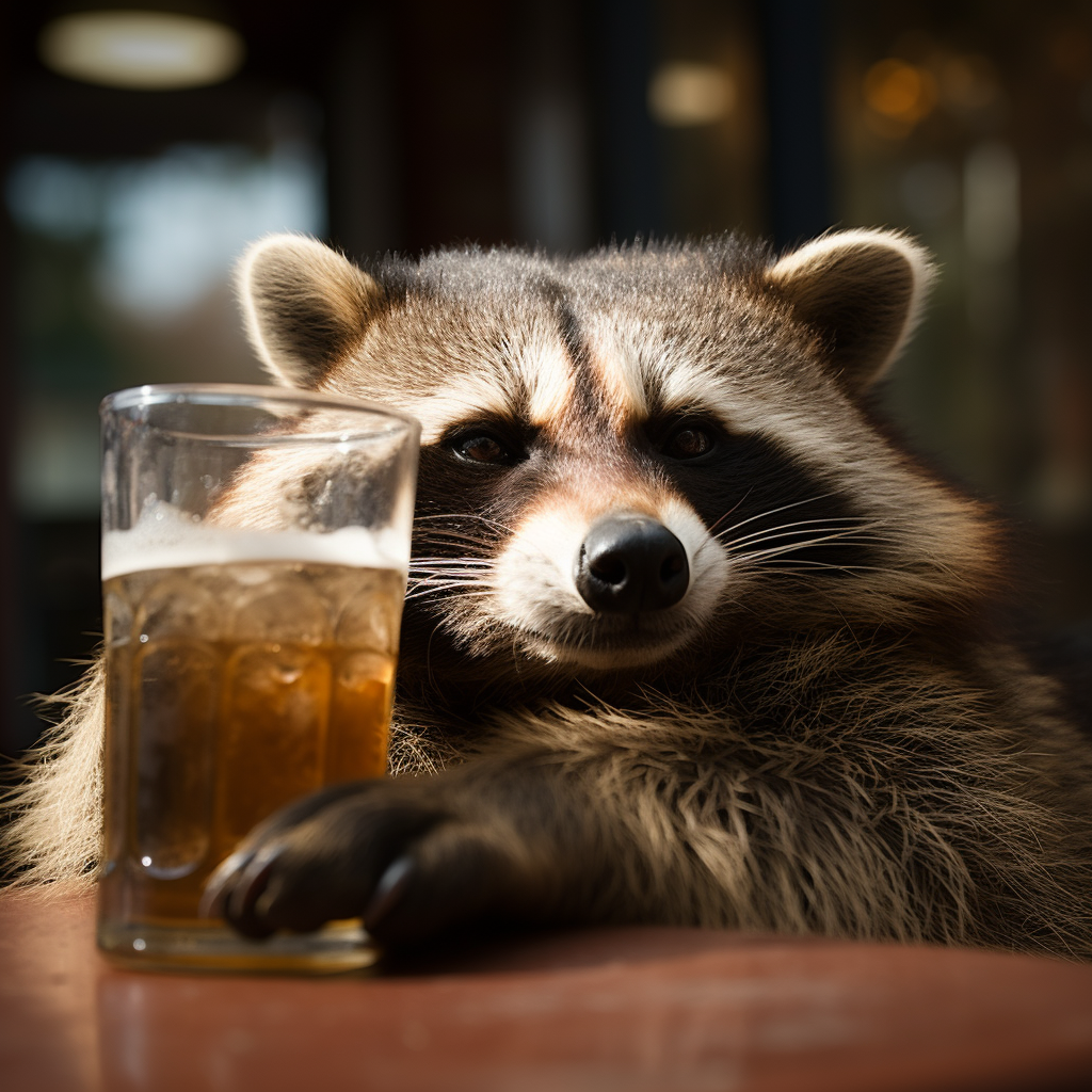 Drunk raccoon enjoying beer