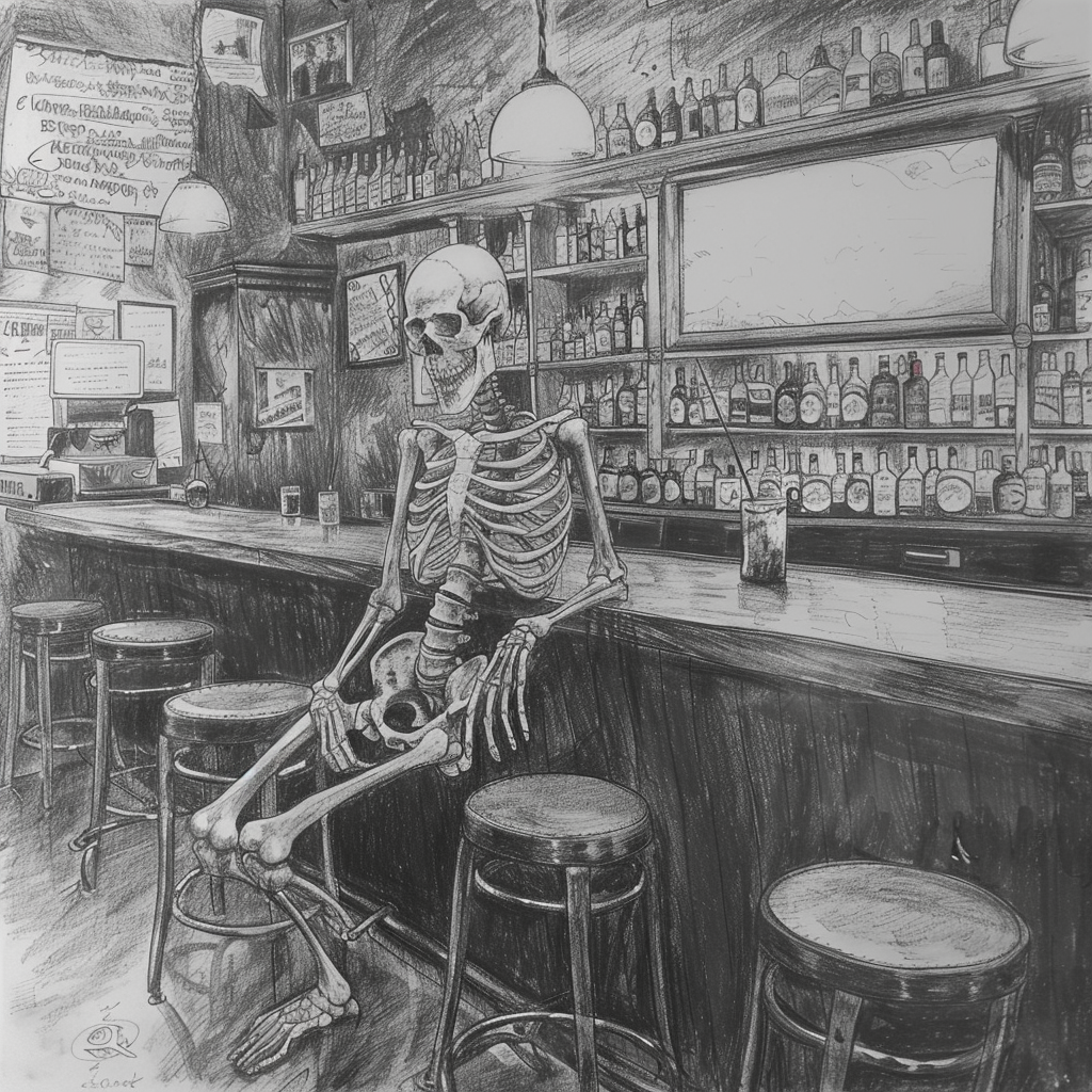 drunk skeleton at bar illustration