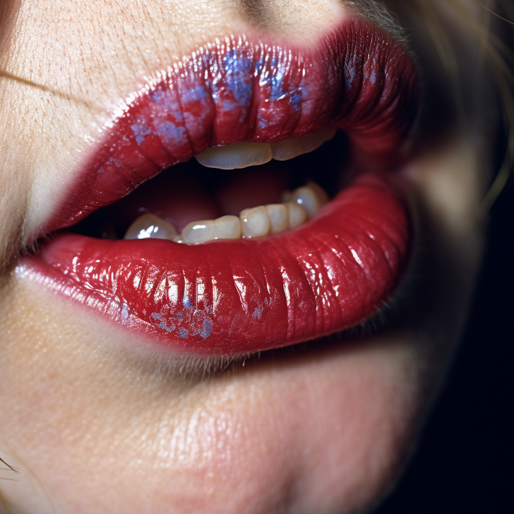 Macro of drunk overweight woman's puckering mouth