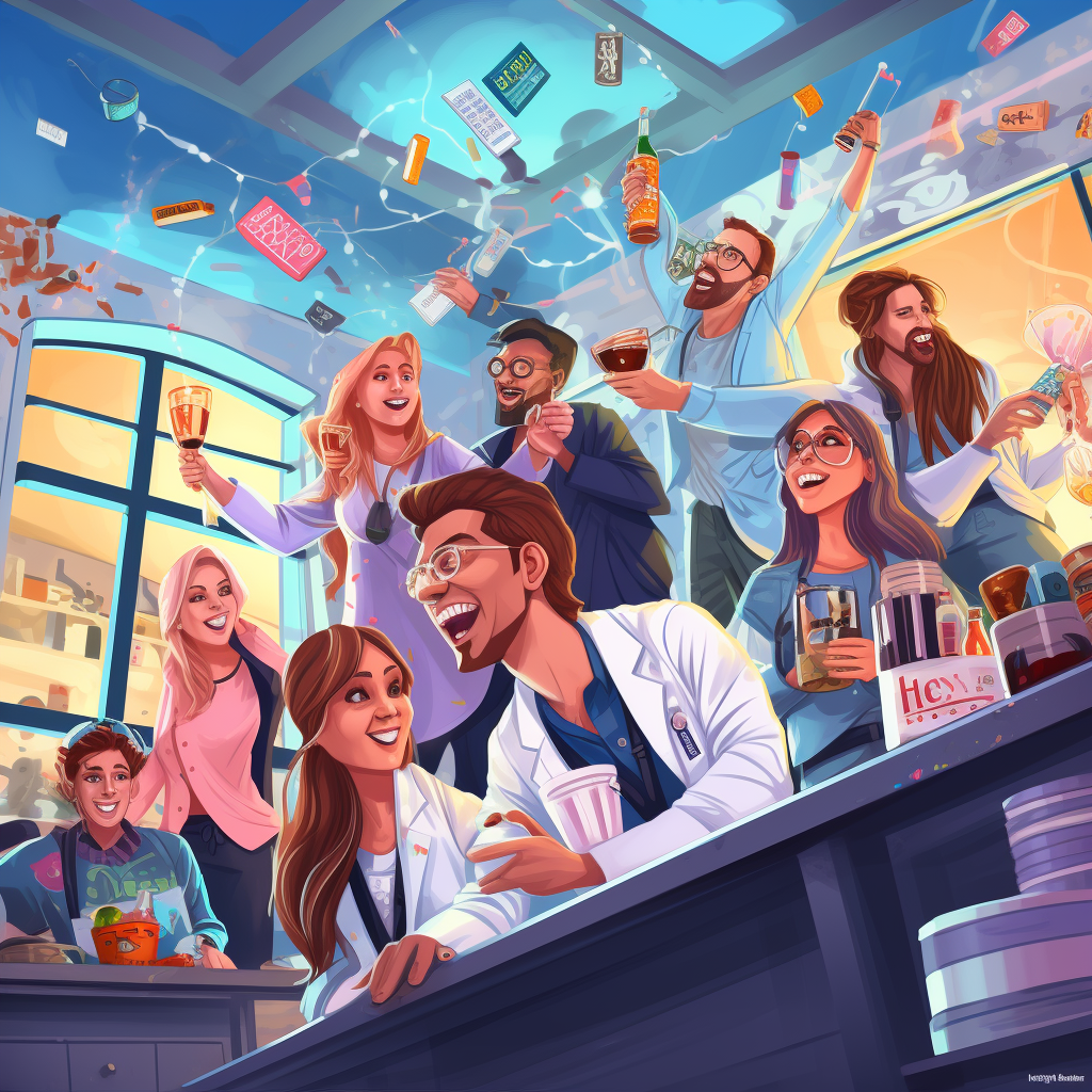 Cartoon of drunk patients partying with a doctor