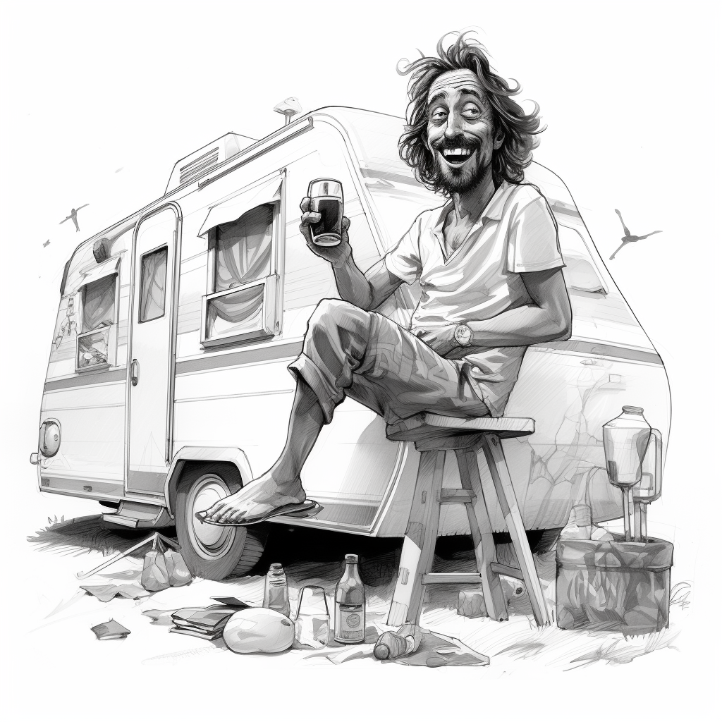 Funny cartoon sketch of a drunk skinny man by a caravan