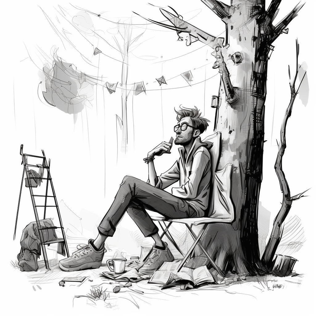 Funny cartoon sketch of a drunk skinny man in the woods campsite