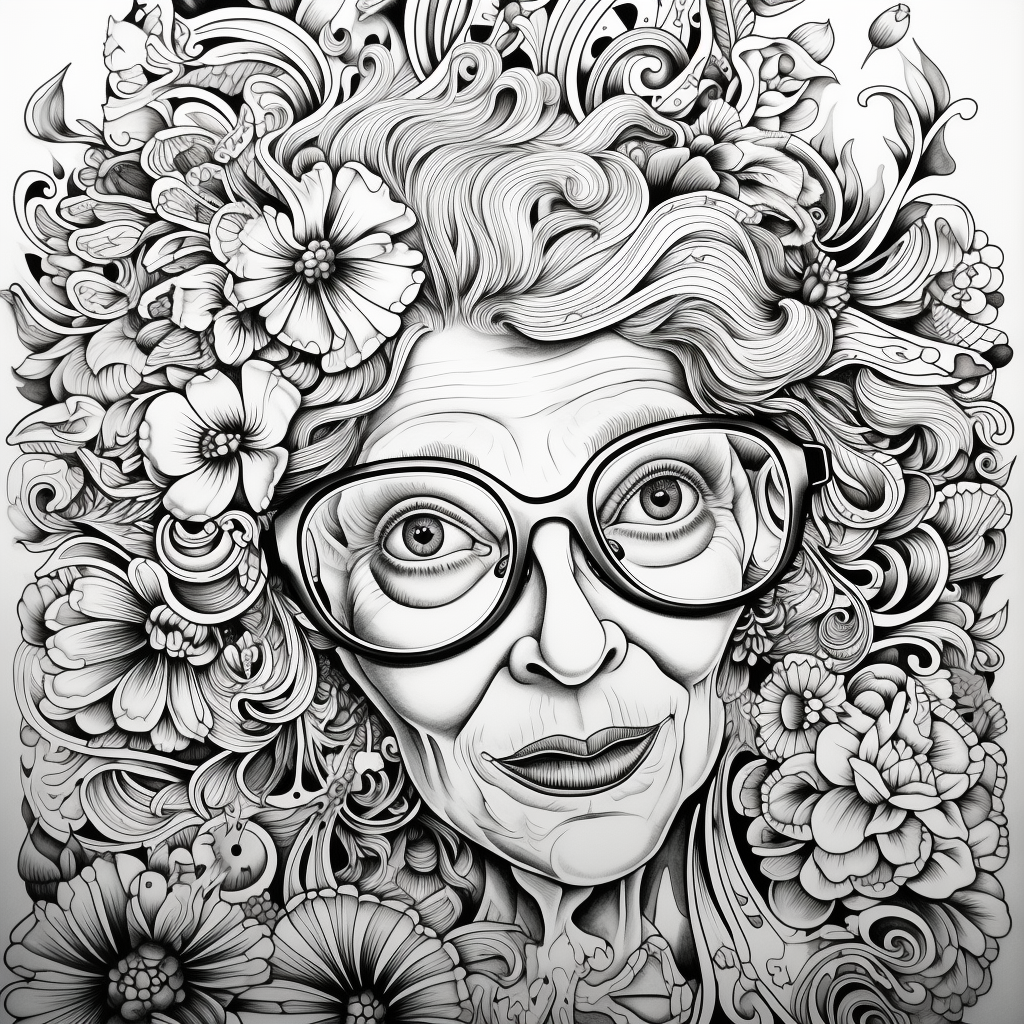 Black and white coloring book page of an ugly drunk woman