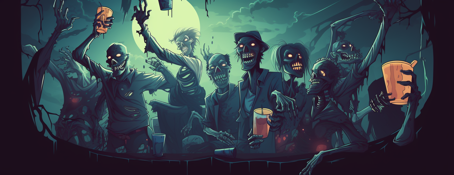 Illustration of drunken zombies at a Halloween party