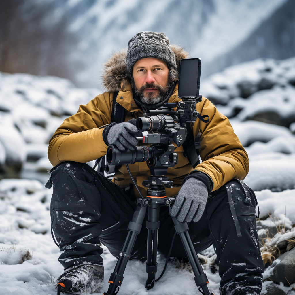 Professional videographer filming beautiful winter scenery