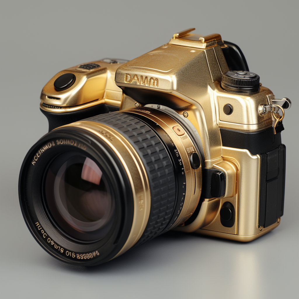 DSLR square camera with gold lens