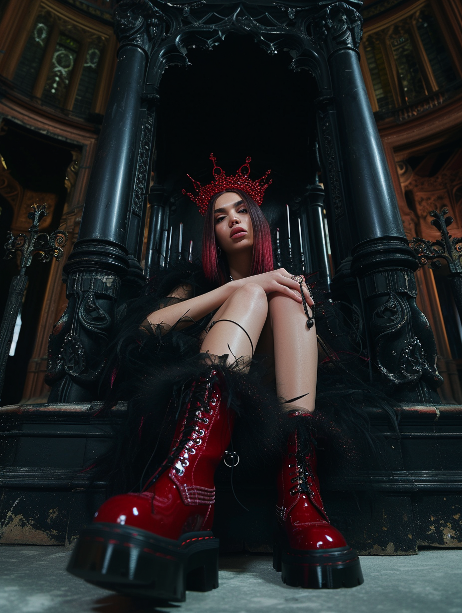 Dua Lipa Gothic Look with Red Dr. Martens Boots