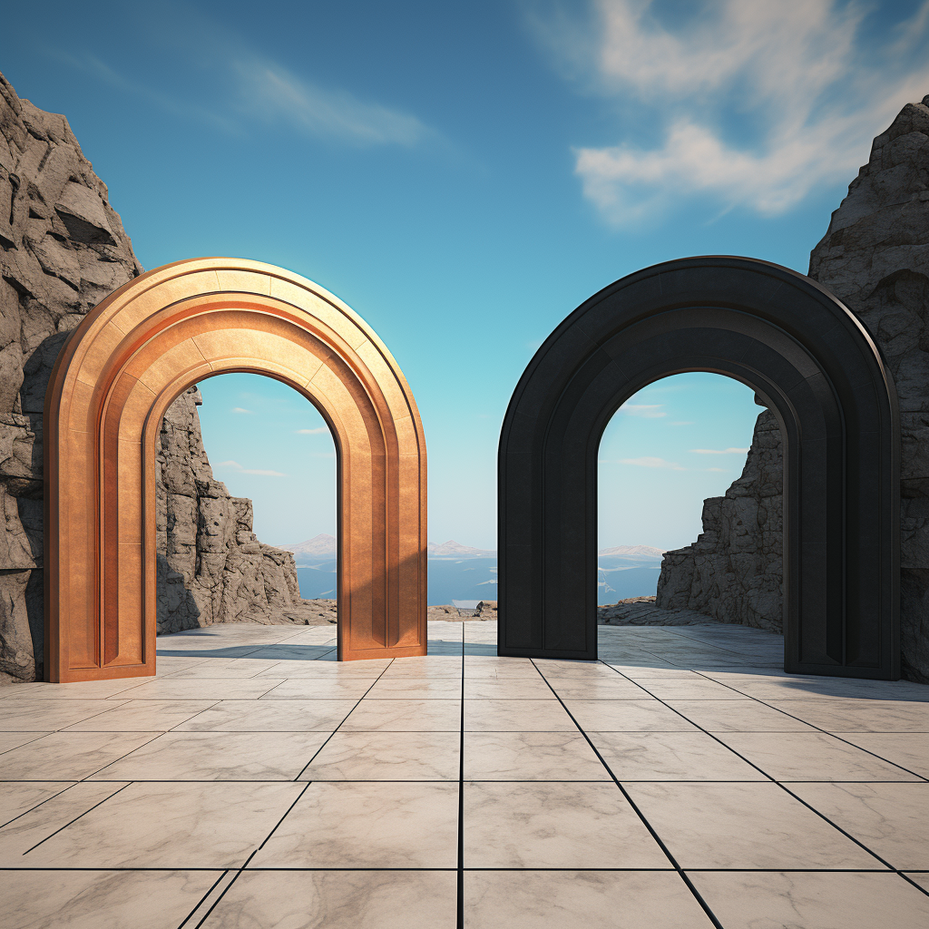 Two side-facing portals in different colors