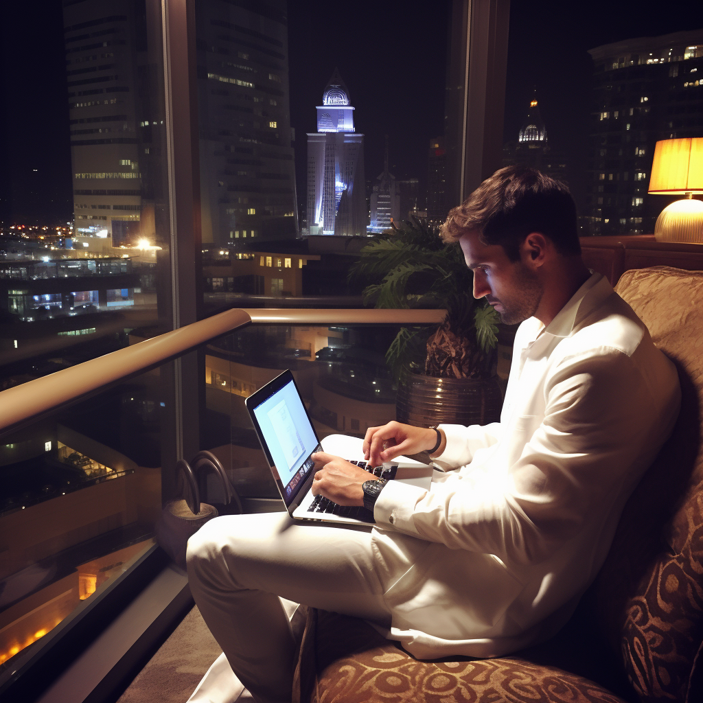 Muscular billionaire working on laptop in Dubai lounge