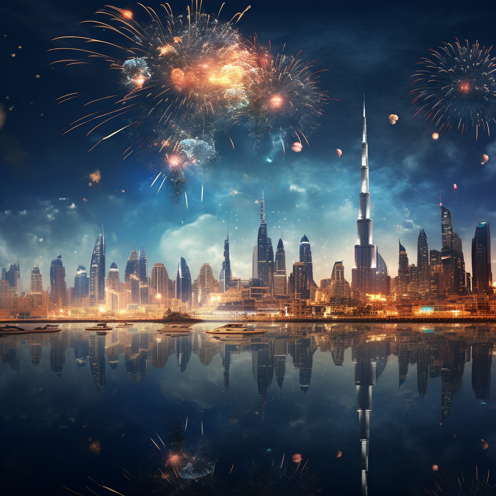 Dubai skyline fireworks celebration