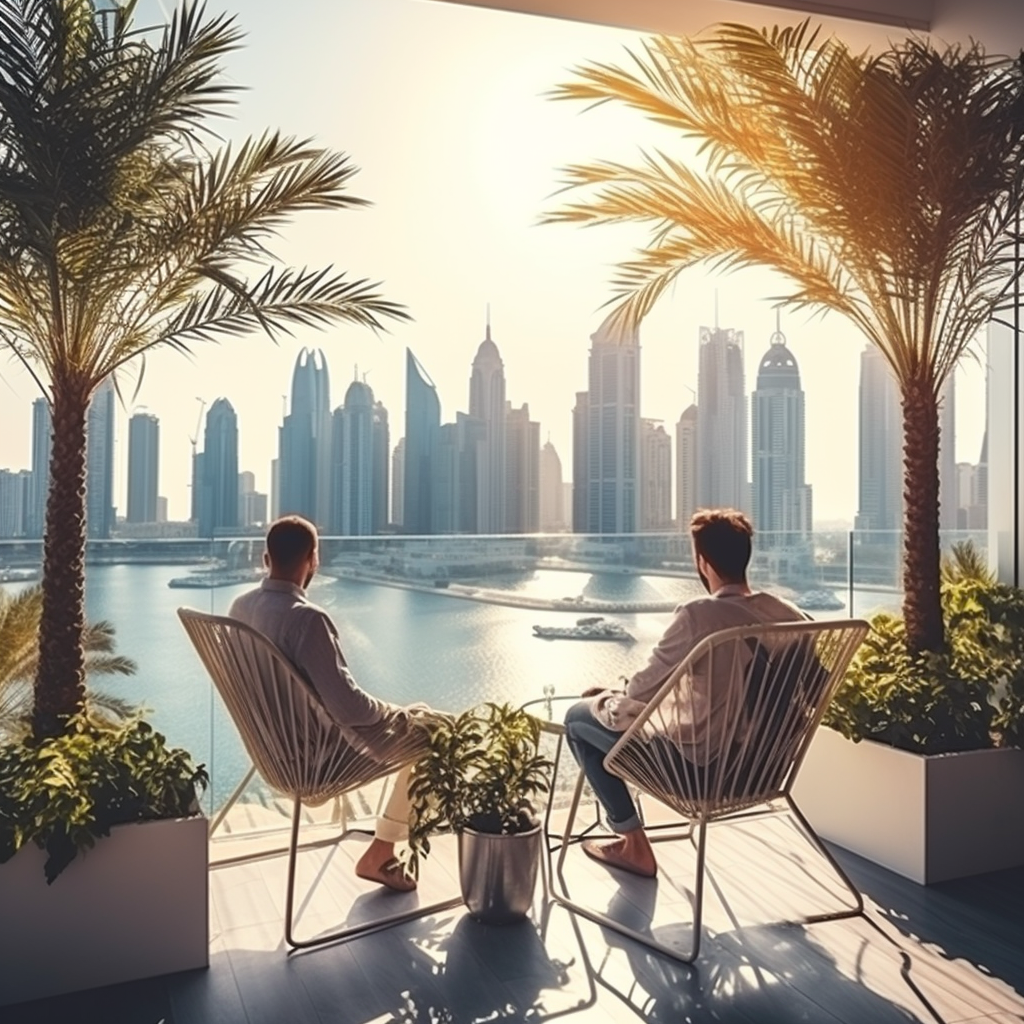 Man and woman enjoying Dubai skyline