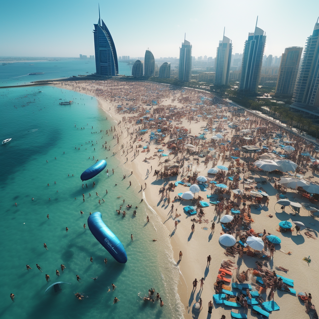 Tourists sunbathing on Dubai beach with VR helmets