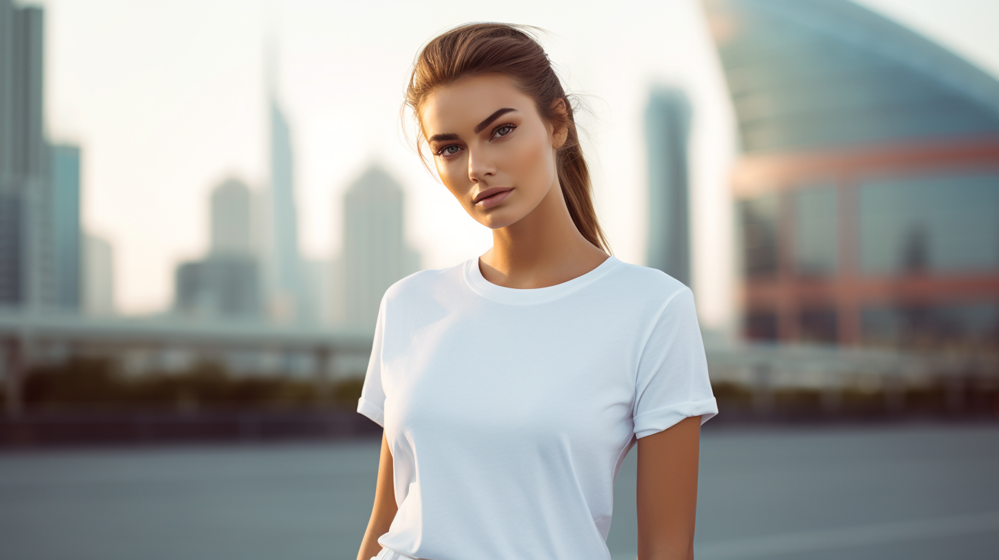 Young model in Dubai with ponytail and white T-shirt