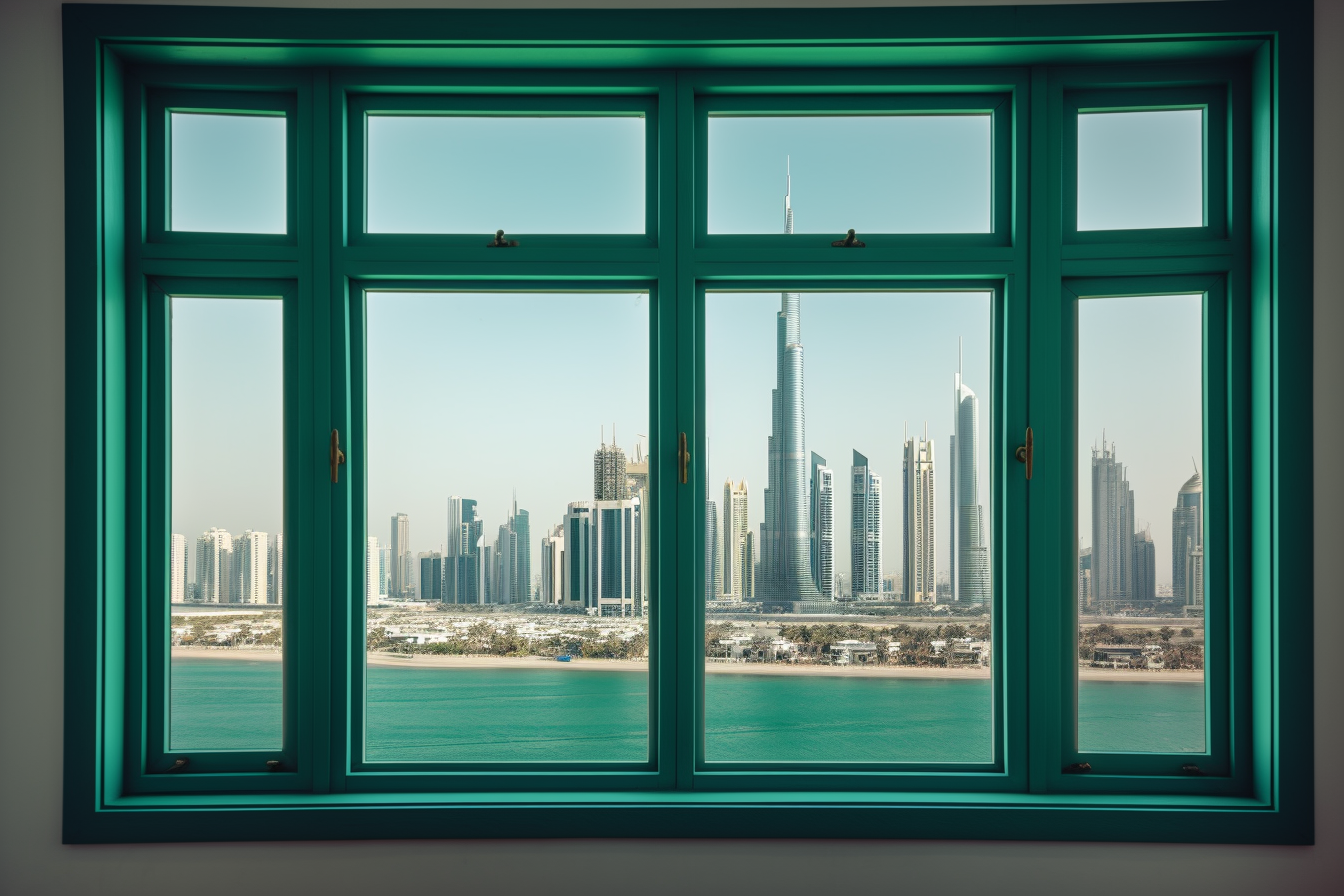 Dubai skyline through window