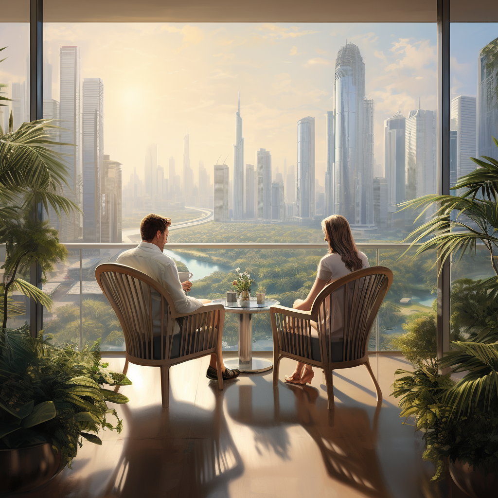 Couple enjoying Dubai skyline from terrace