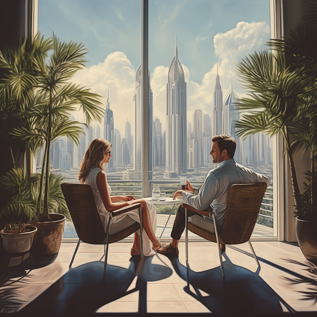 Couple enjoying terrace view in Dubai